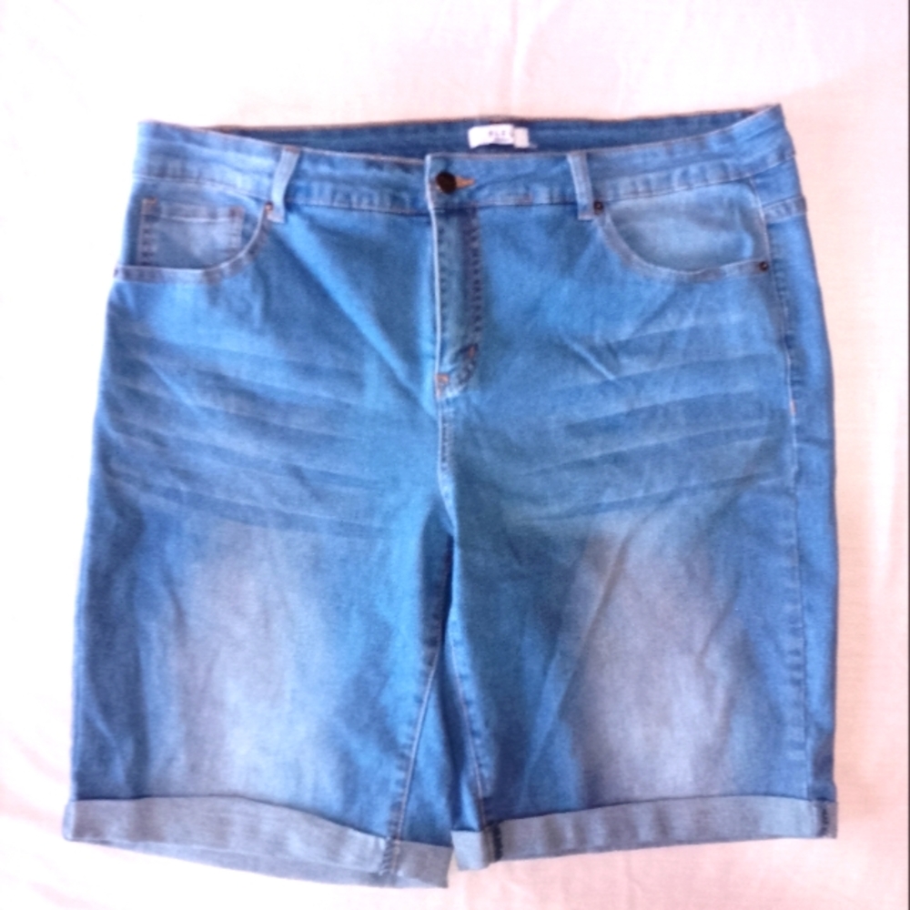 Blue Stretch Denim Blue Jean Shorts With Cuffs